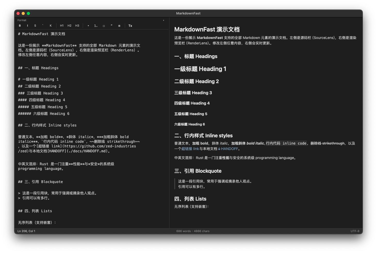MarkdownFast 窗口：左侧 Source 与右侧 Render 分屏预览演示文档